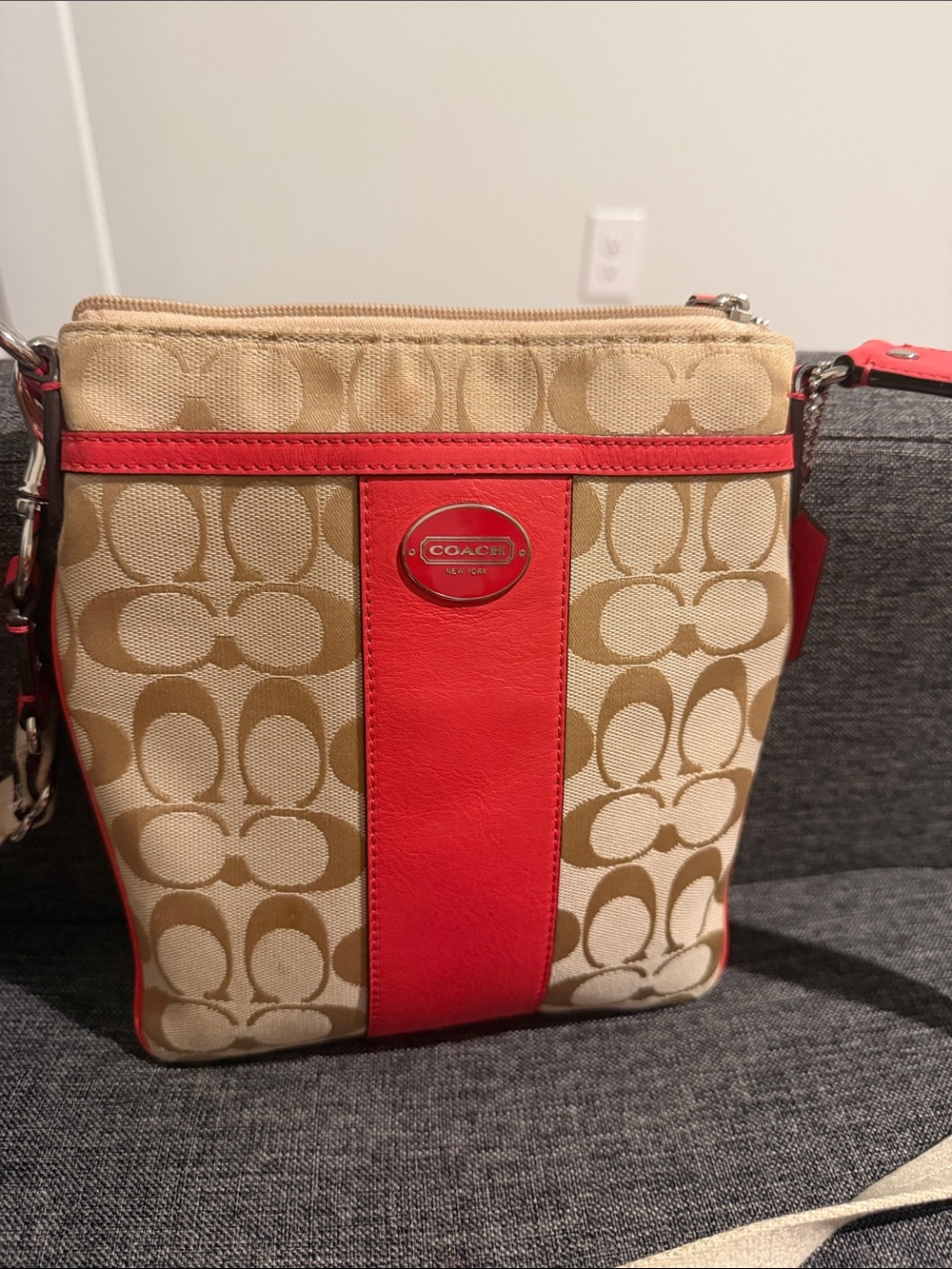 Coach Tan Signature Crossbody with Red Leather Center Stripe